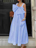 A-Line Loose Bowknot Pockets Solid Color Split-Joint Zipper Square-Neck Maxi Dresses