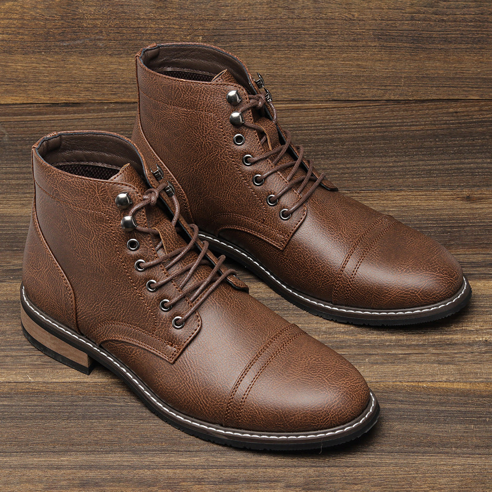 Men's Vintage Casual Leather Boots – Mid-Calf Wedge Heel, Rubber Sole, Stitched Paneling