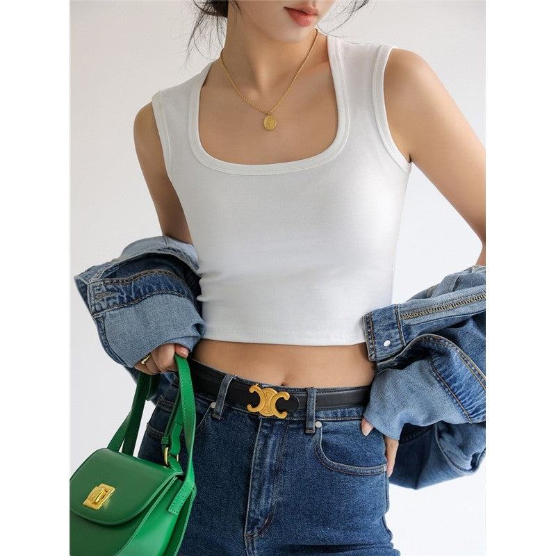 Square Neck Sleeveless Slim Fit Cropped Vest in Solid Color