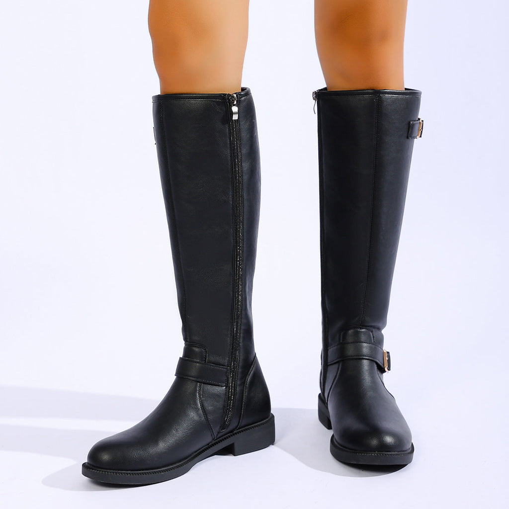 Women's Mid-Heel Straight-Leg Boots | PU Leather Side Zipper Square Heel – Sarah Express