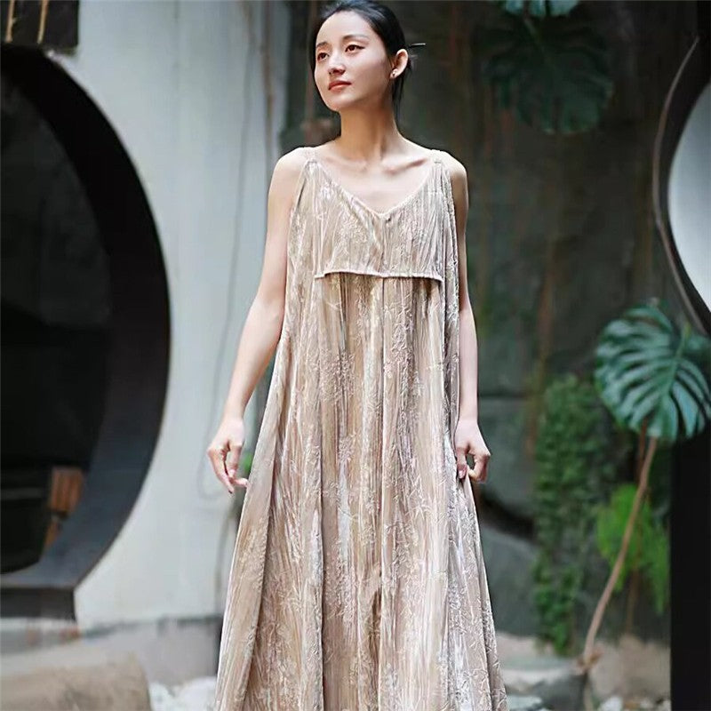 Velvet Printed Camisole Dress in Solid Color