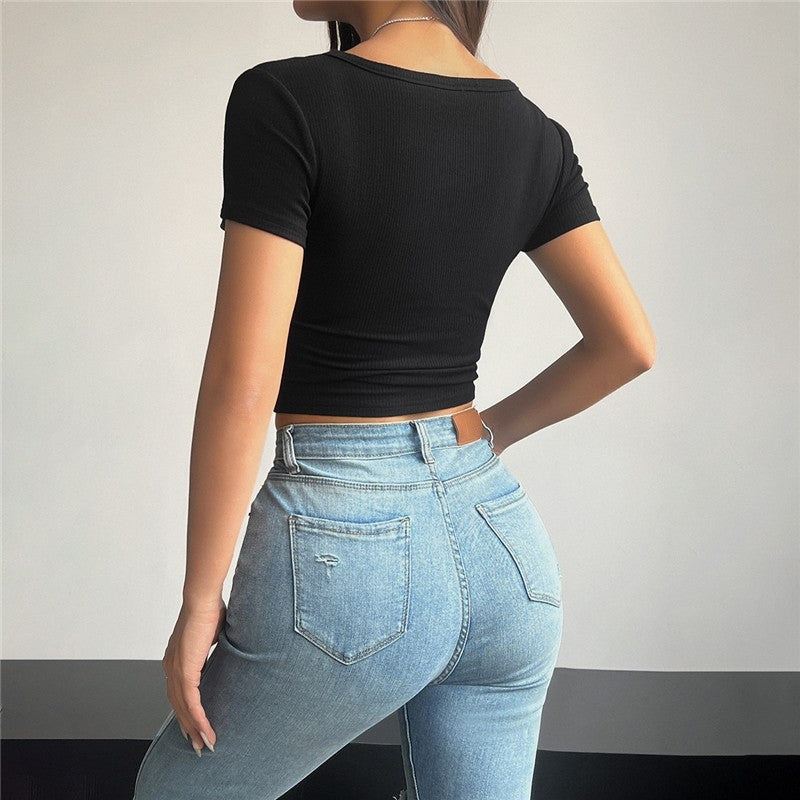 Short Cropped Square Neck Slim Fit T-Shirt in Solid Color