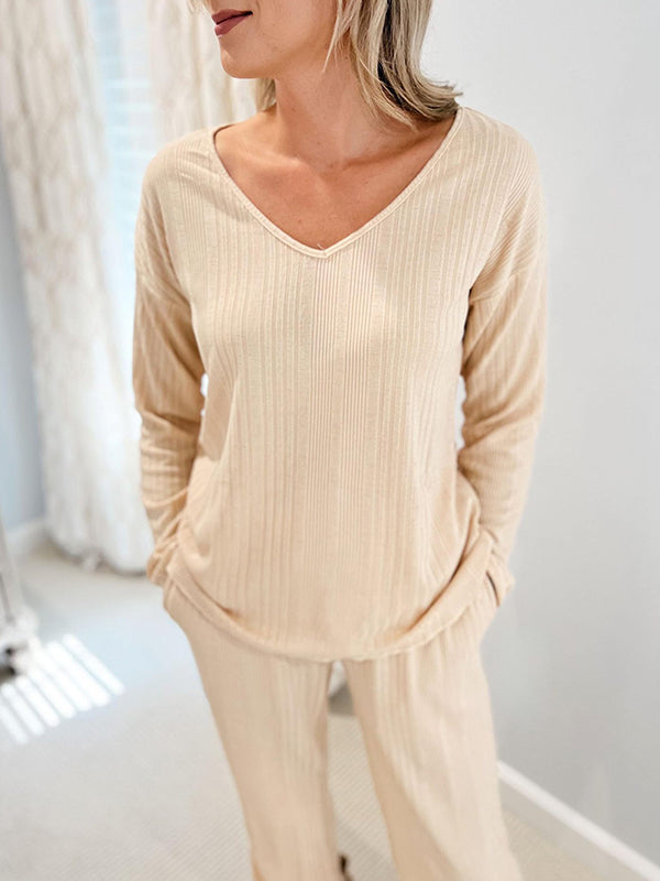 Long Sleeves Loose Solid Color V-Neck Shirt Top + Pants Bottom Pajama Sets