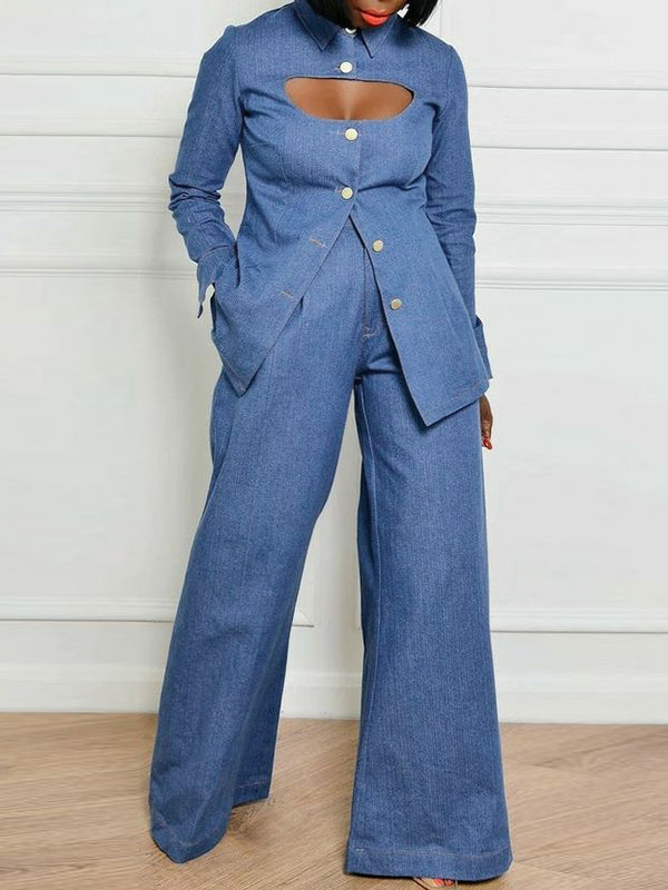 High Waisted Loose Pockets Solid Color Lapel Jean Pants Bottoms