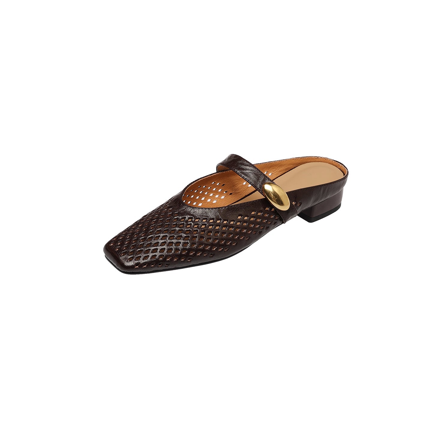 Women's Sheepskin Mary Jane Mules | Perforated Square Toe Low Block Heel Slides