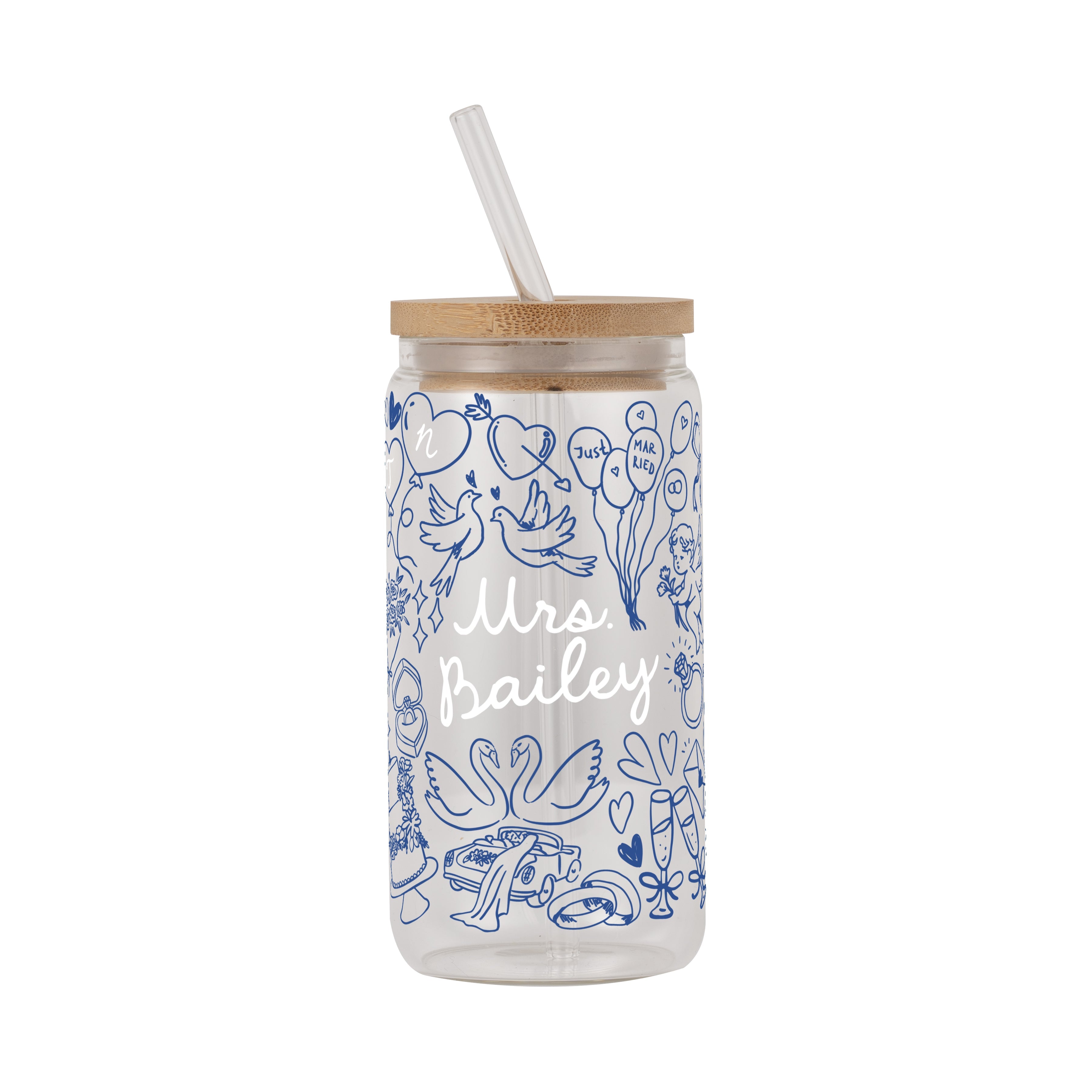 Something Blue Bridal Personalized & Non Personalized Clear Glass Mug With Lid & Straw