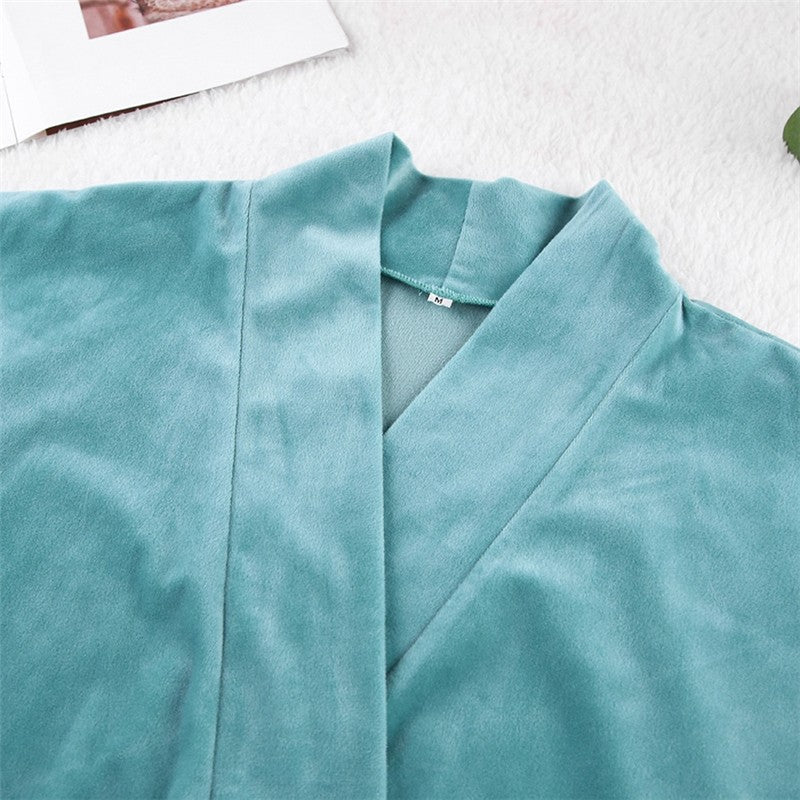 Solid Color Crystal Velvet Nightgown with Long Sleeves and Waist Tie