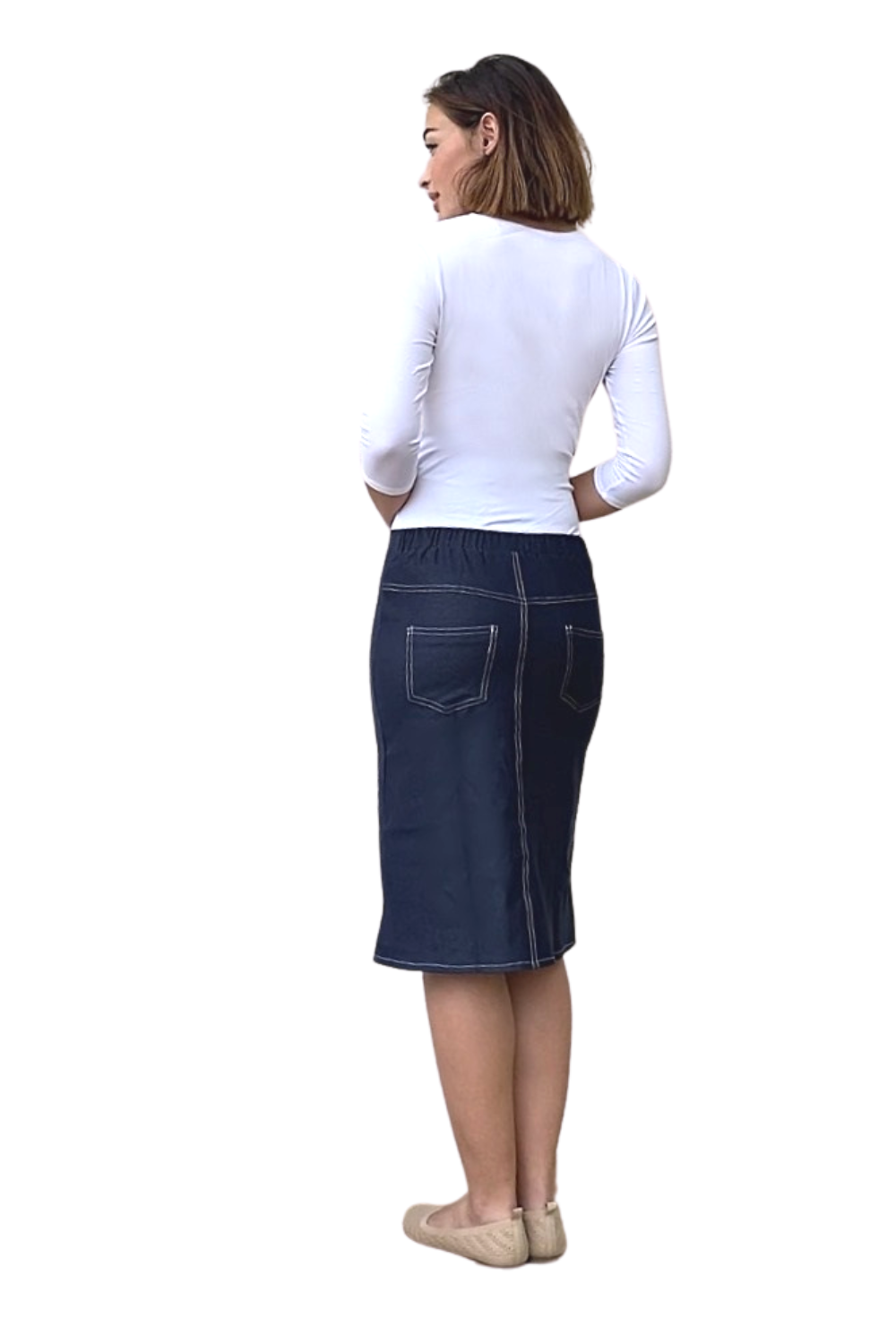 Faux Knit Denim Knee-Length Pencil Skirt with Stretch