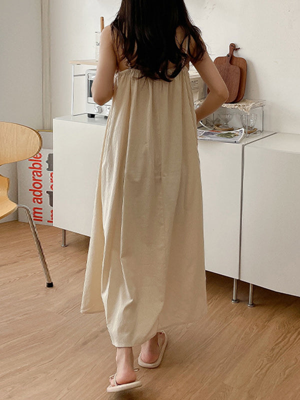 Loose Sleeveless Elasticity Pleated Ruffled Solid Color Spaghetti-Neck Midi Dresses Pajama Dress