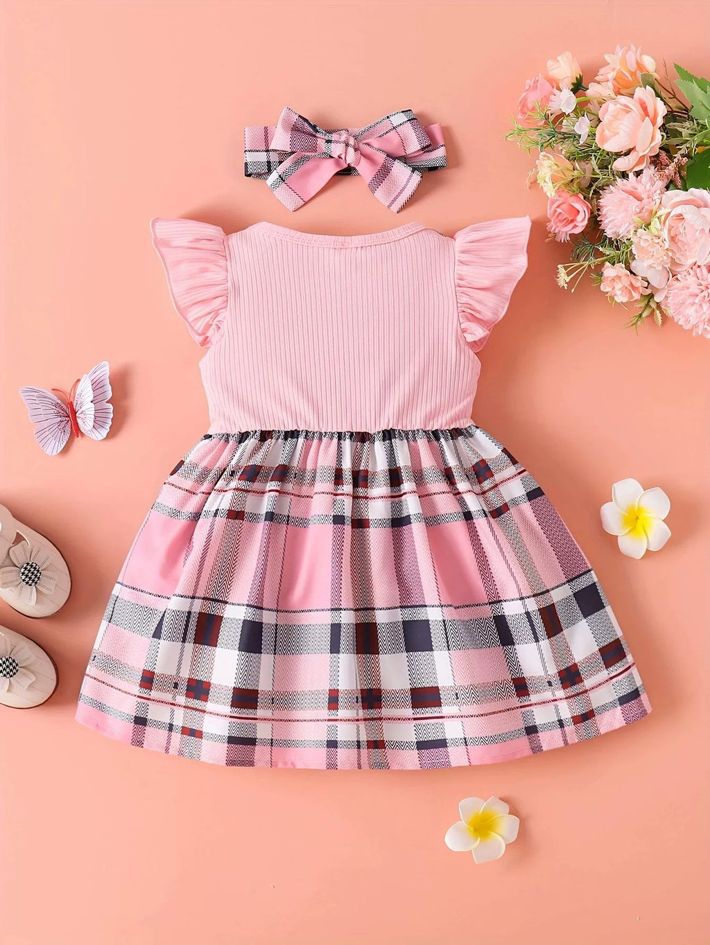 Children's Bow Ruffled Plaid Dress