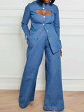 High-Waisted Loose Fit Jeans with Pockets and Lapel - Solid Color