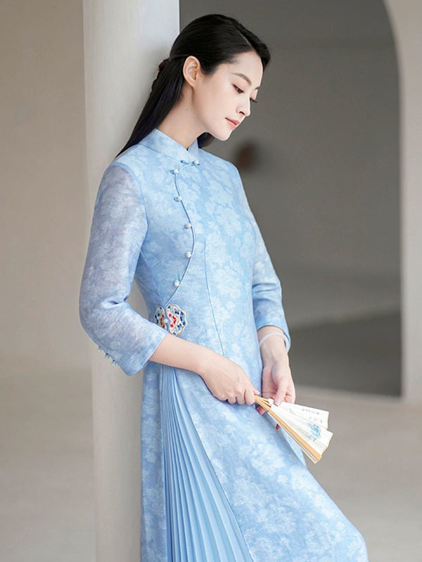 Fashion Vintage Light Blue Jacquard Long Cheongsams