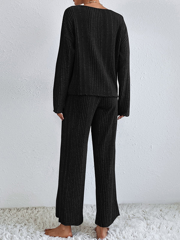 Long Sleeves Loose Solid Color V-Neck Shirt Top + Pants Bottom Pajama Sets
