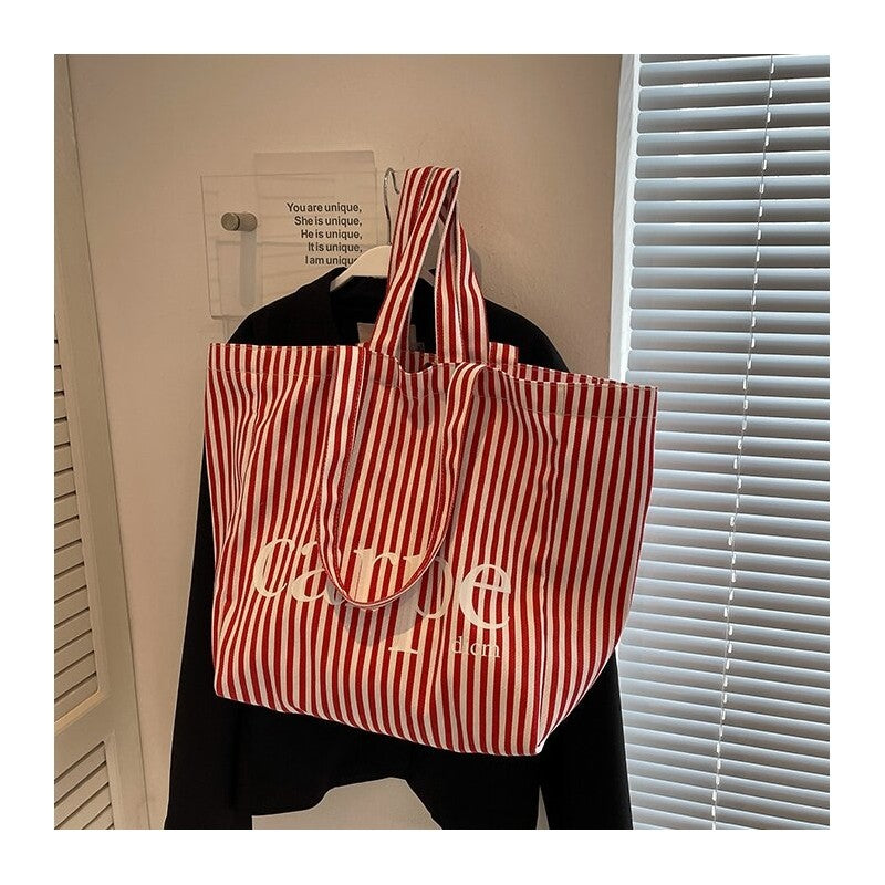 Striped Letter Canvas Tote Bag with Large Capacity