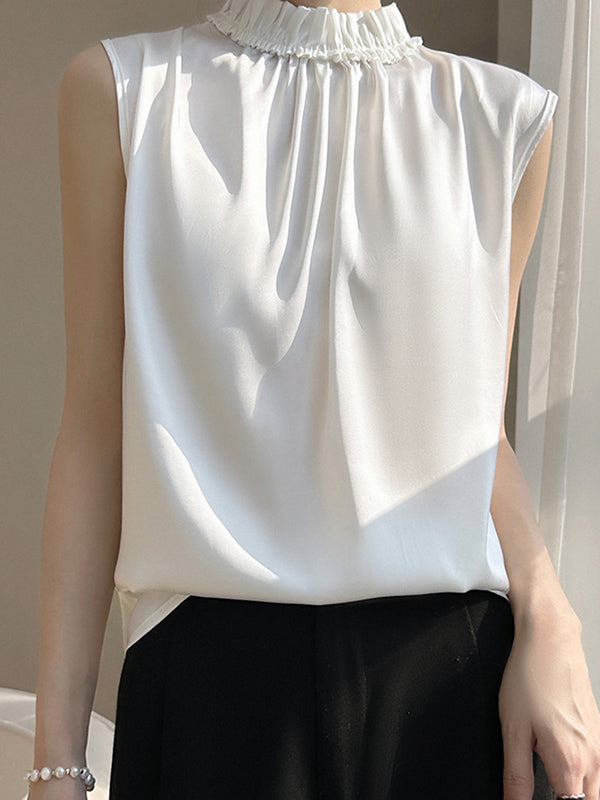 Loose Sleeveless Pleated Ruffle Trim Solid Color Stand Collar Vest Top