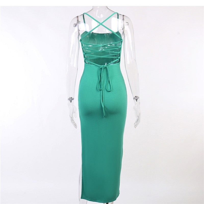 Solid Color Backless Halter Dress with High Split