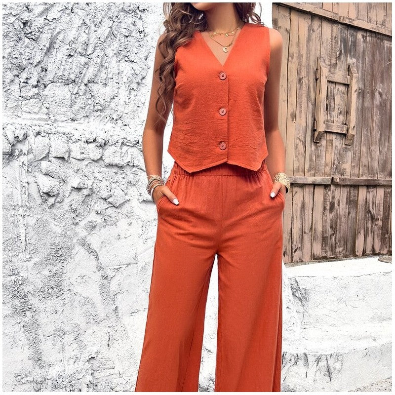 Stylish Sleeveless Vest Set with Solid Color Design for Casual Wear