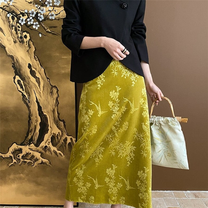 Velvet Half Skirt with Floral and Bird Embroidery