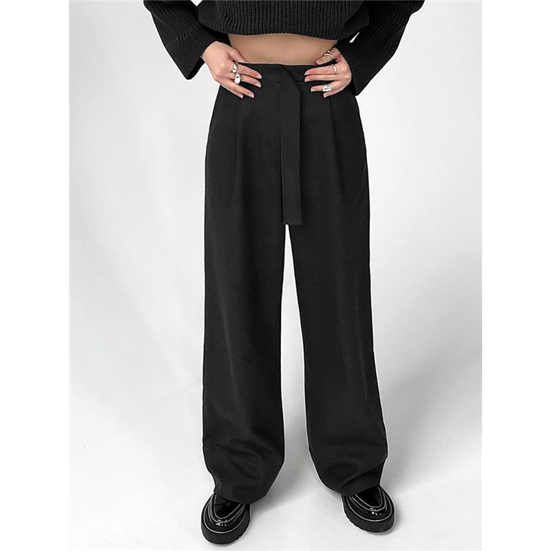 High-Waisted Wide-Leg Belted Casual Pants in Solid Color