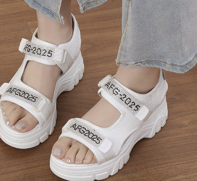 Women's Rhinestone Lettered Wedge Heel Sandals – Velcro Casual Platform Sandals in White & Black