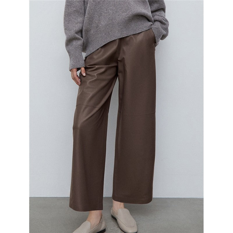 High Waisted Solid Color Straight Leg Faux Leather Pants