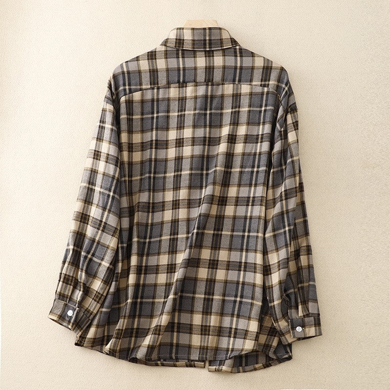Long Sleeve Lapel Retro Plaid Casual Loose Blouse