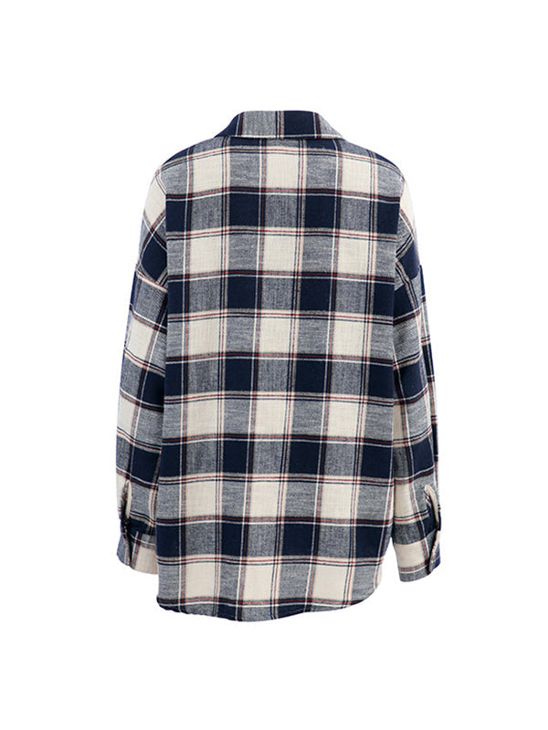 Long Sleeves Loose Plaid Split-Joint Lapel Blouses&Shirts Tops
