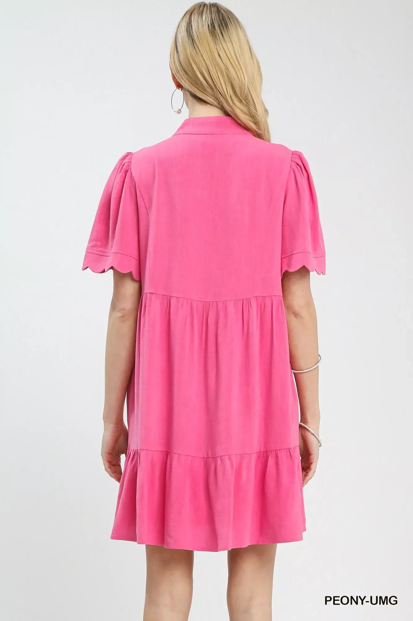 Linen Tiered Babydoll Dress with Scalloped Sleeves