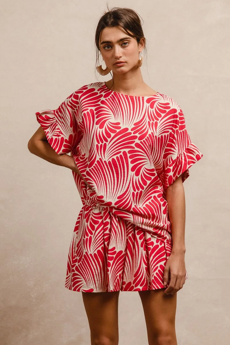 Print Woven Ruffled Sleeves Top