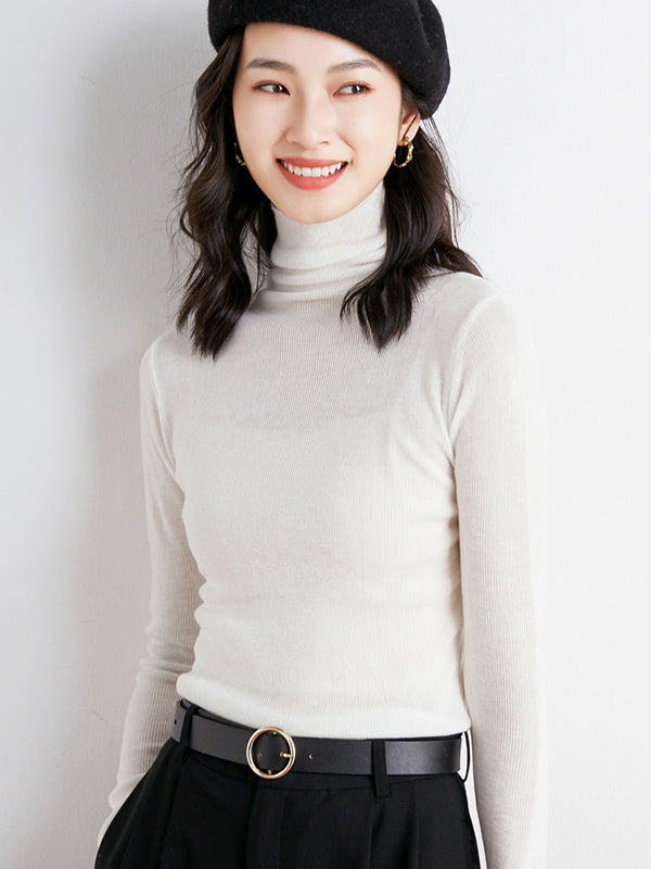 Simple Skinny Long Sleeves Solid Color High-Neck Sweater Tops Pullovers
