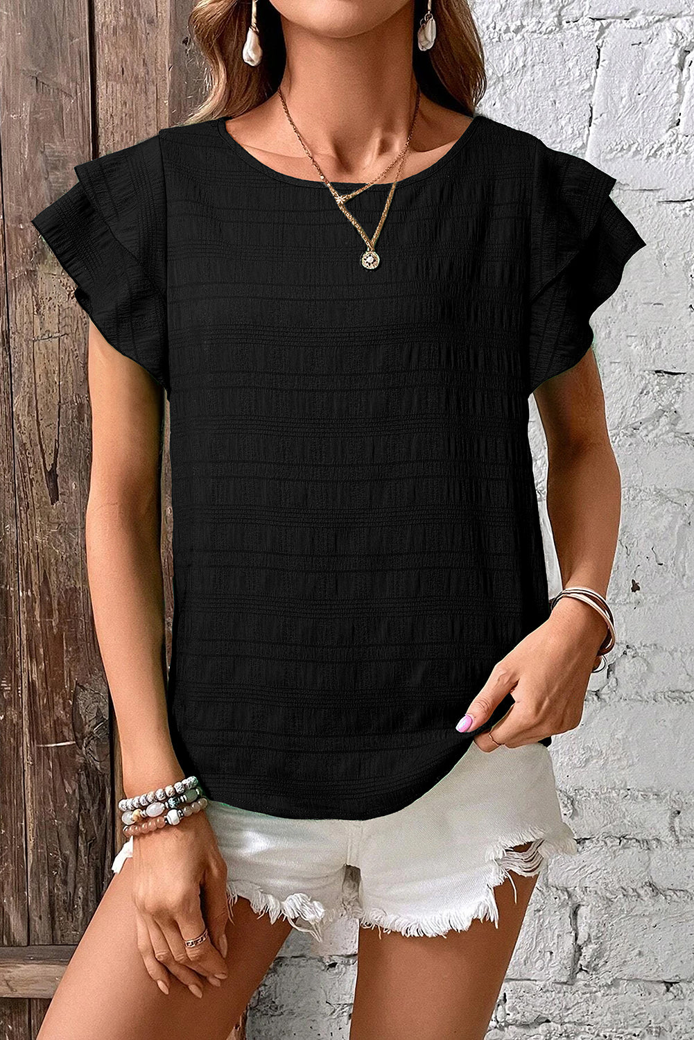 Dark Green Ruffle Sleeve Textured Smocked Blouse