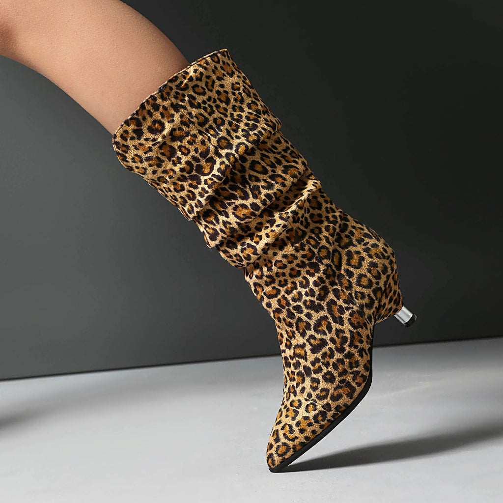 Women's Leopard Print Stiletto Heel Ankle Boots – Pointed Toe, Suede Upper, Turned-Over Cuffs