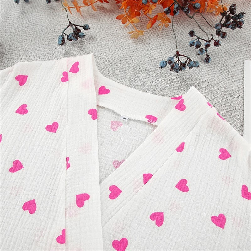 Heart Print Long Sleeve Tie-Waist Blouse and Shorts Set - Loungewear Suit