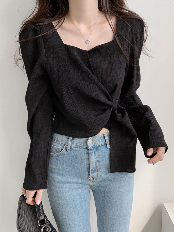 Original Solid Color Square-Neck Long Sleeves Tied Blouse