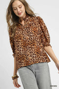 Full Size Leopard Print Ruffle Neck Blouse Plus Size