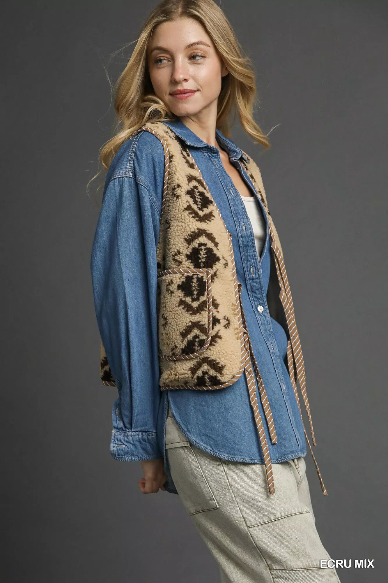 Mix Patterned Sherpa Tie-Front Vest