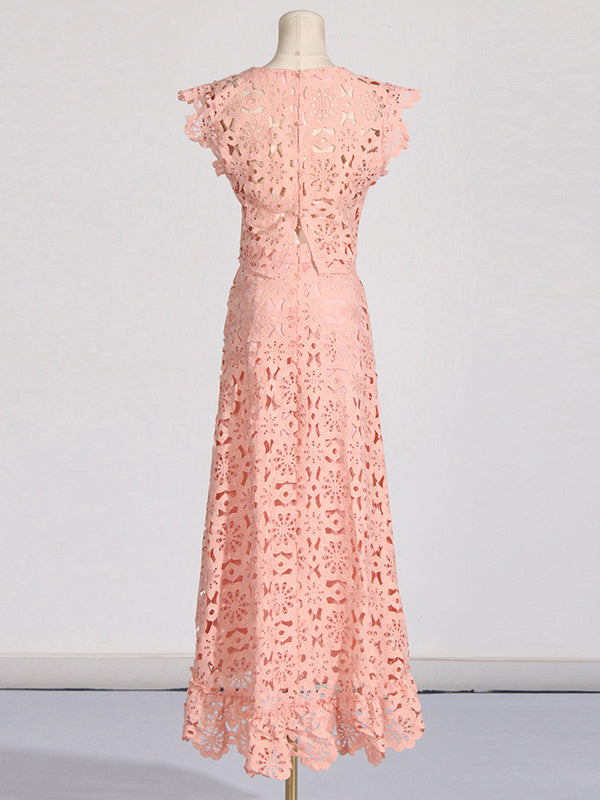 Flower Print Hollow Jacquard Solid Color Round-Neck Vest Top + Ruffle Trim Bodycon High-Low Skirts Bottom Two Pieces Set