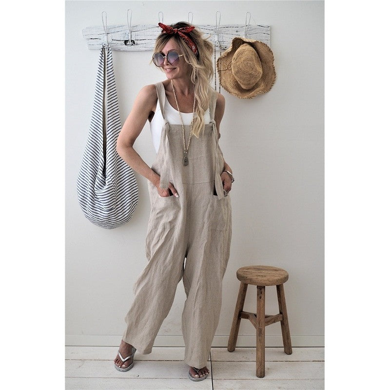 Casual Loose Solid Color Sleeveless Pockets Jumpsuits