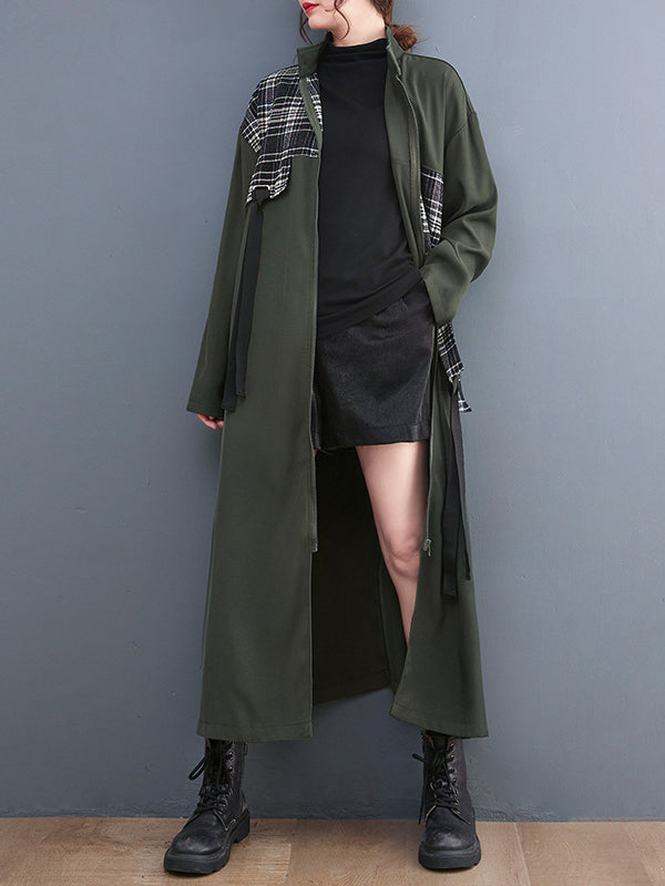 Original Long Sleeves Loose Contrast Color Plaid Split-Joint Zipper Stand Collar Outerwear