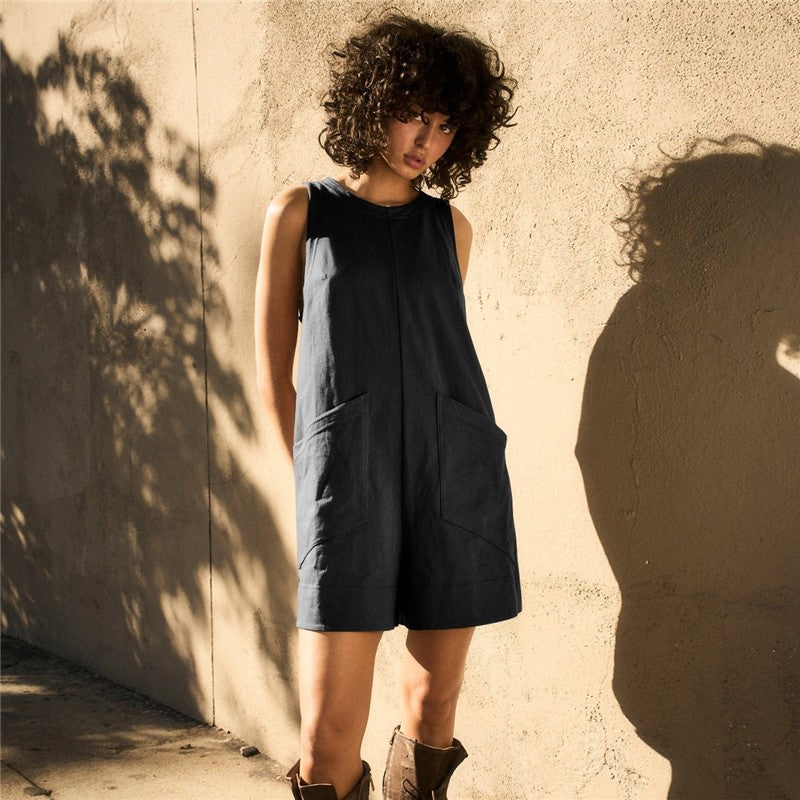 Sleeveless Solid Color Crewneck Loose Fit Casual Romper