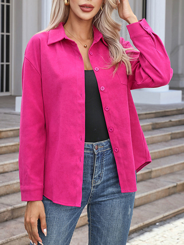 Long Sleeves Loose Solid Color Split-Joint Lapel Blouses