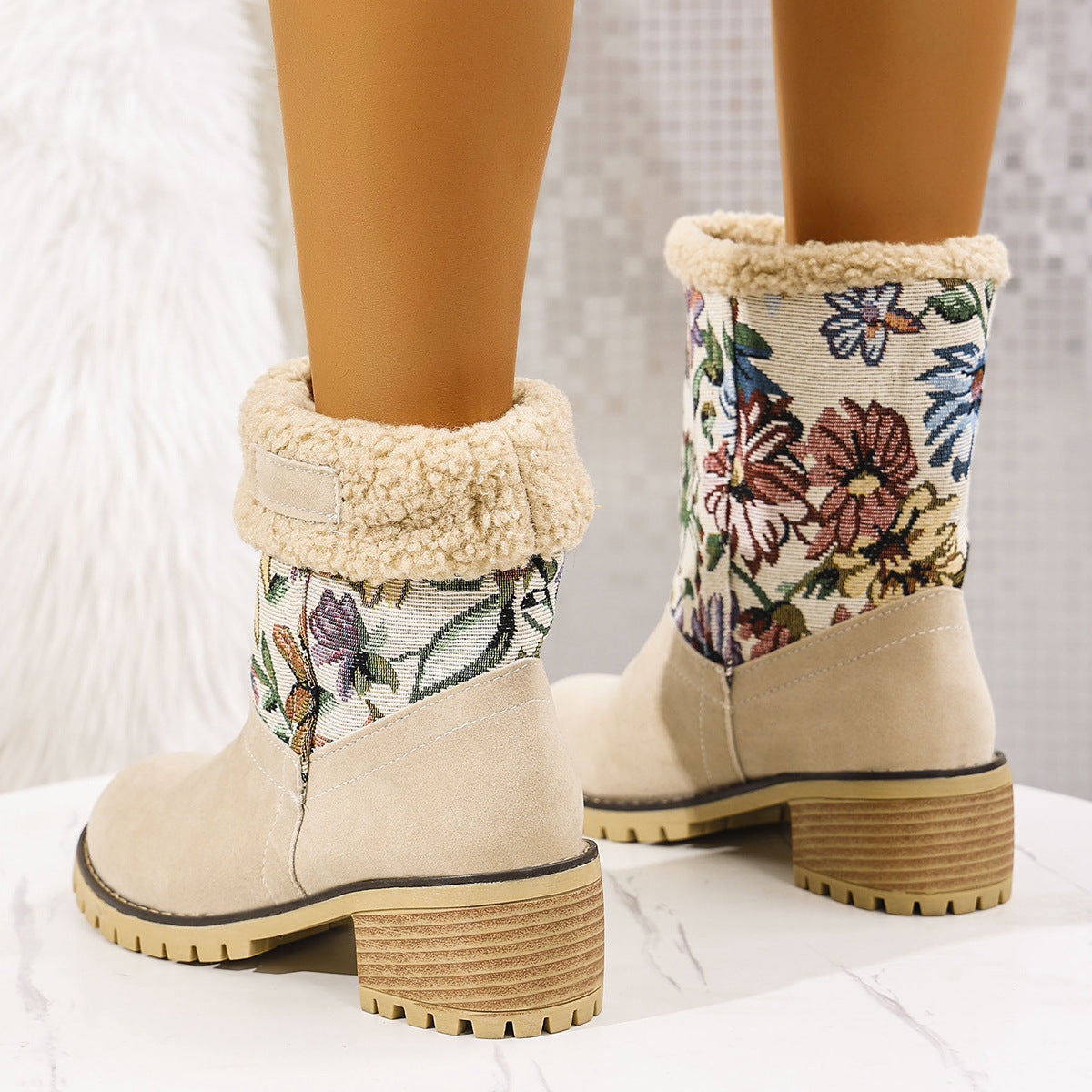 Women's Embroidered Snow Boots | Ethnic Floral Platform Square Heel Mid-Calf Winter Boots