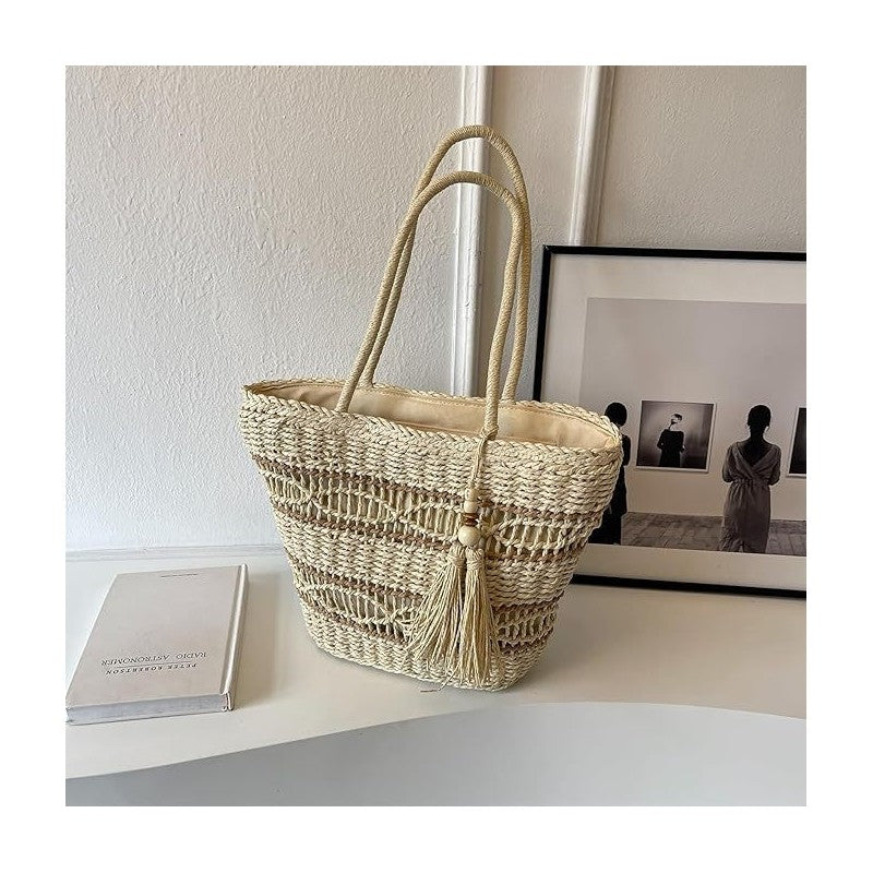 Fringed Beach Bag with Handwoven Straw - Handmade