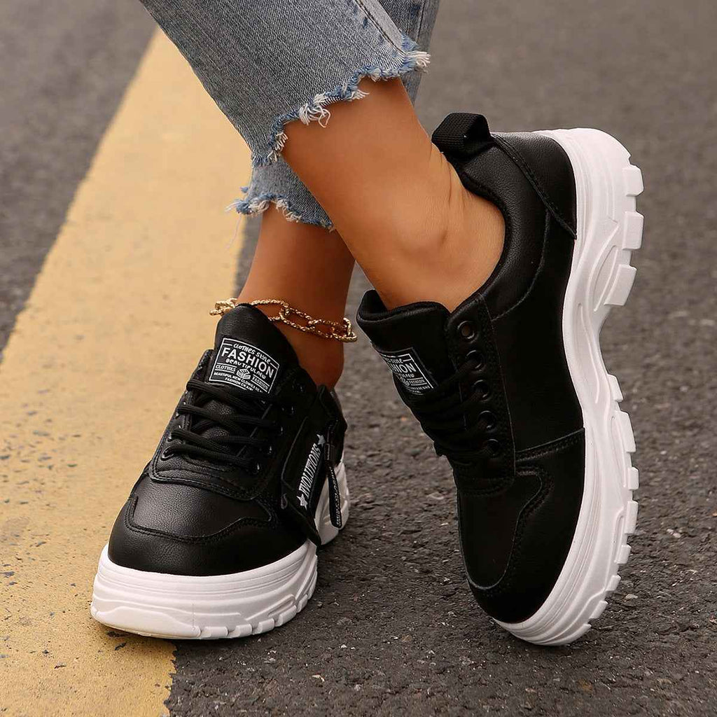 Women's Lace-Up Sneakers with Side Zipper | Thick Sole Round Toe Casual Sports Shoes
