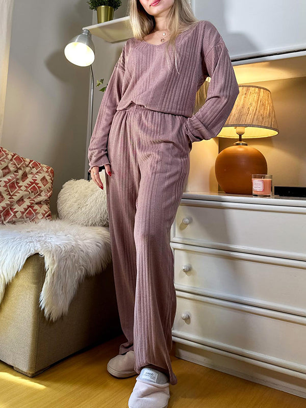 Long Sleeves Loose Solid Color V-Neck Shirt Top + Pants Bottom Pajama Sets