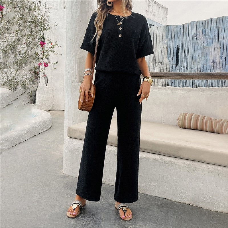 Solid Color Knit Short Sleeve Long Pants Set