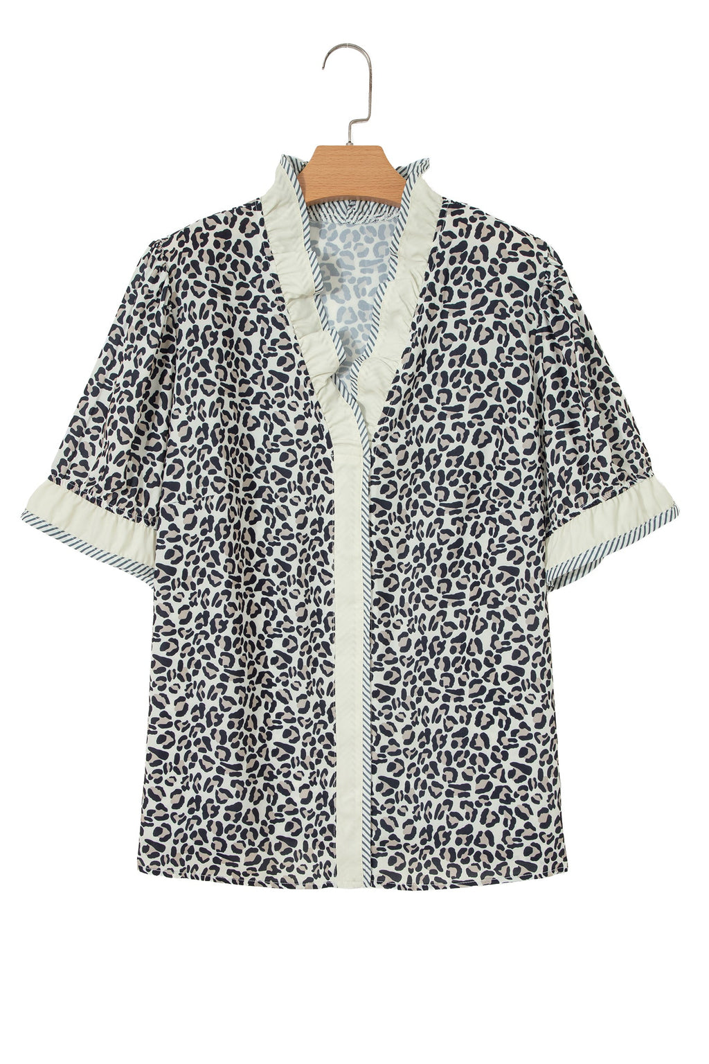 Black Plus Leopard Print Striped Color Block Trim Frilled V Neck Short Sleeve Blouse