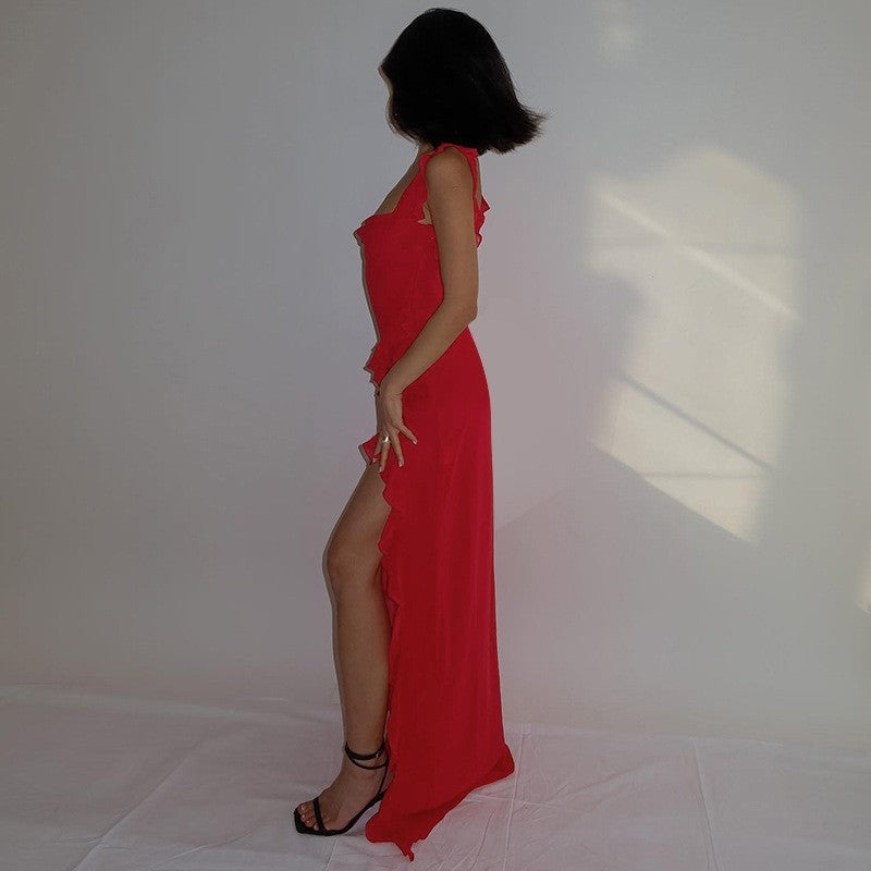 High Slit Ribbon Strap Solid Color Dress