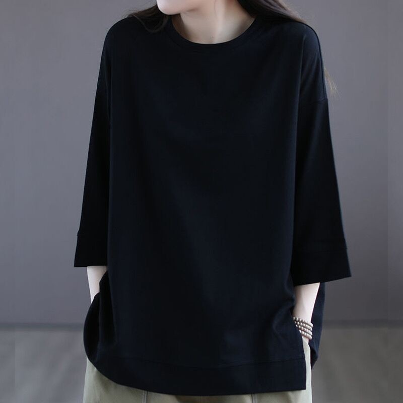 Solid Color Slim Fit Cotton 7/8 Sleeve T-Shirt