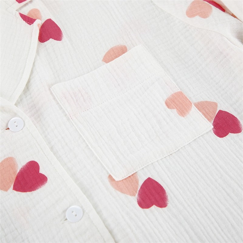 Heart Print Long Sleeve Shorts Pajama Set